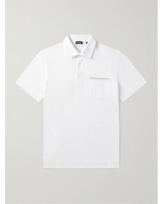 Zegna White Leather-Trimmed Cotton-Piqué Polo Shirt for men