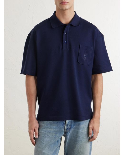 Saint Laurent Blue Cassandre-embroidered Cotton-piqué Polo Shirt for men