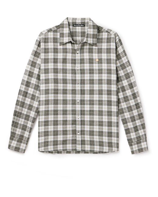 Acne Gray Logo-appliquéd Checked Cotton-flannel Shirt for men