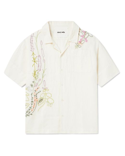 STORY mfg. White Greetings Camp-collar Embroidered Cotton And Linen-blend Shirt for men