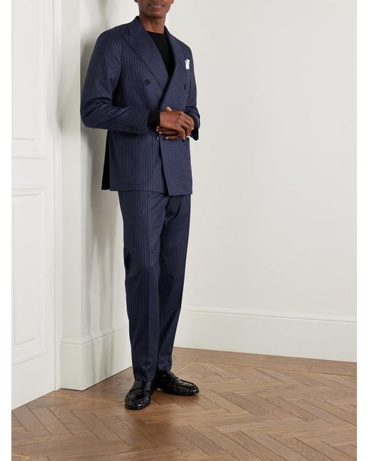 Caruso Blue Double-Breasted Pinstriped Wool Suit Jacket for men