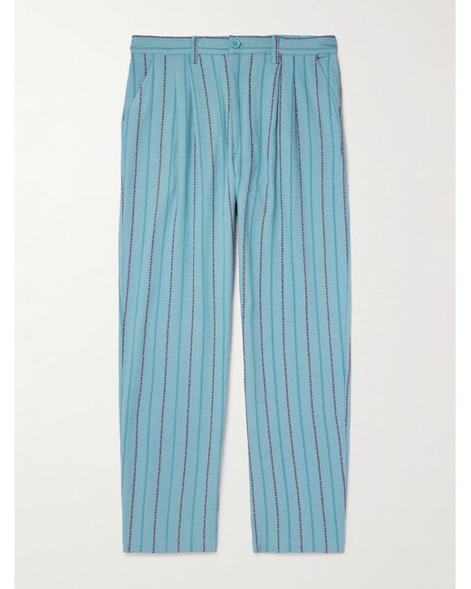 Kardo Blue Antonio Straight-Leg Striped Cotton-Canvas Trousers for men