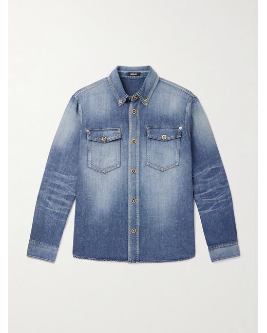 Versace Blue Button-Down Collar Denim Overshirt for men