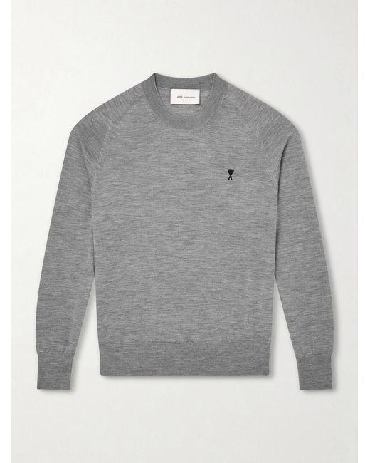 AMI Gray Logo-embroidered Wool Sweater for men