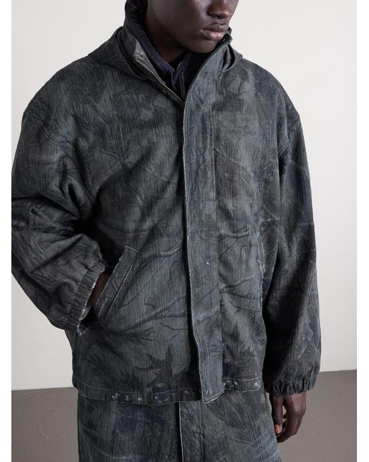 Balenciaga Blue Logo-Embroidered Distressed Printed Denim Hooded Jacket for men