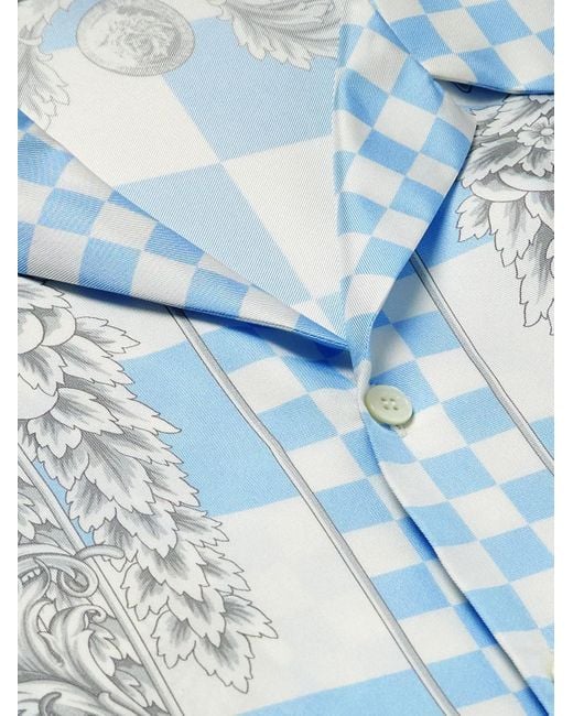 Versace Blue Camp-collar Printed Checked Silk-twill Shirt for men