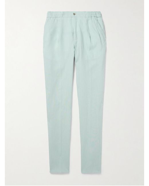 Rubinacci Blue Straight-Leg Linen Drawstring Trousers for men