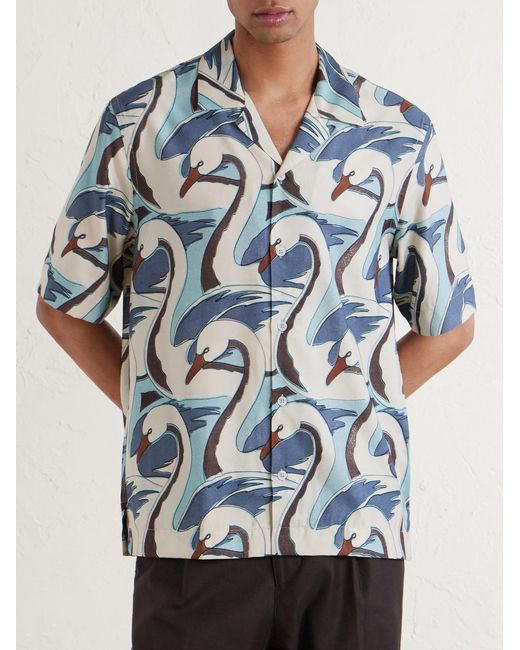Paul Smith Blue Camp-Collar Printed Satin Shirt for men