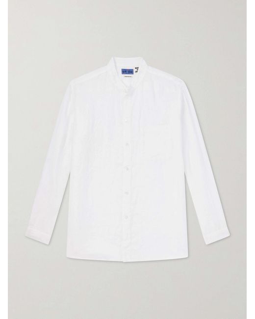 Blue Blue Japan White Grandad-Collar Linen Shirt for men