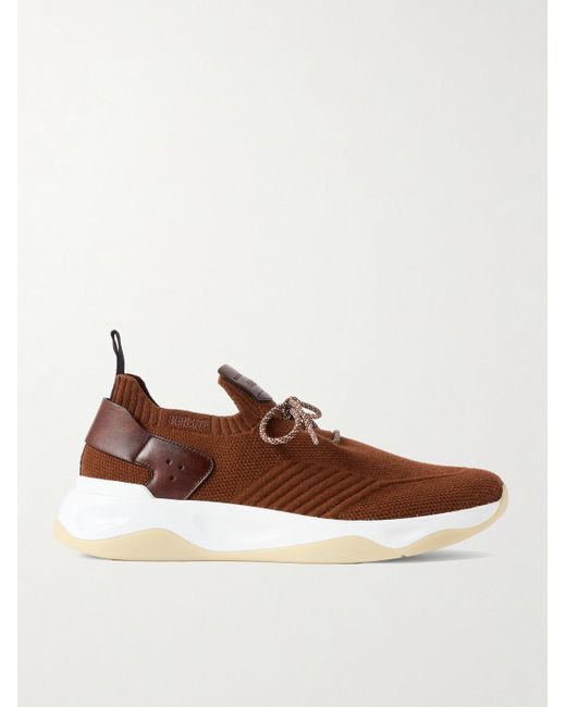 Berluti Brown Shadow Venezia Leather-Trimmed Stretch-Knit Sneakers for men