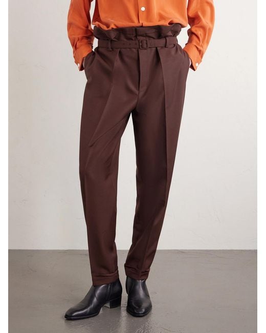 Saint Laurent Brown Tapered Belted Pleated Wool And Mohair-Blend Trousers for men