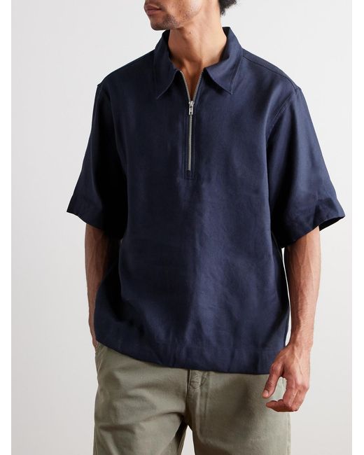 NN07 Blue Bruno 1808 Lenzing Ecovero And Linen-Blend Half-Zip Polo Shirt for men
