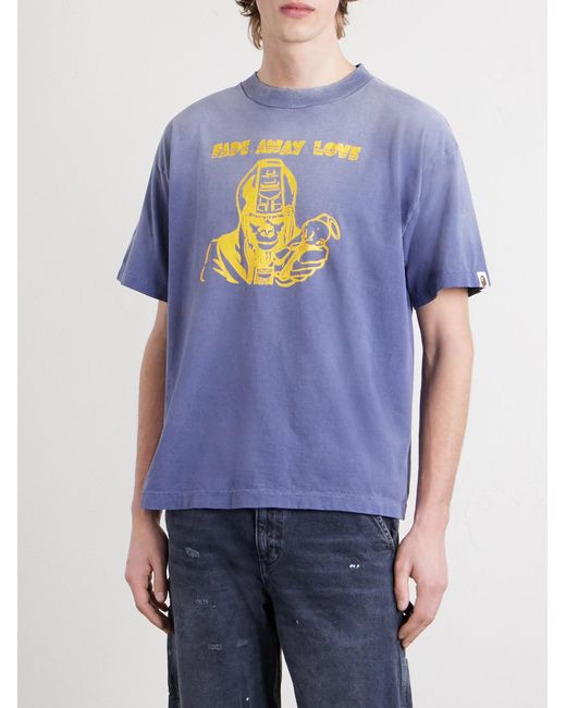 SAINT Mxxxxxx Blue Bape Distressed Printed Cotton-Jersey T-Shirt for men
