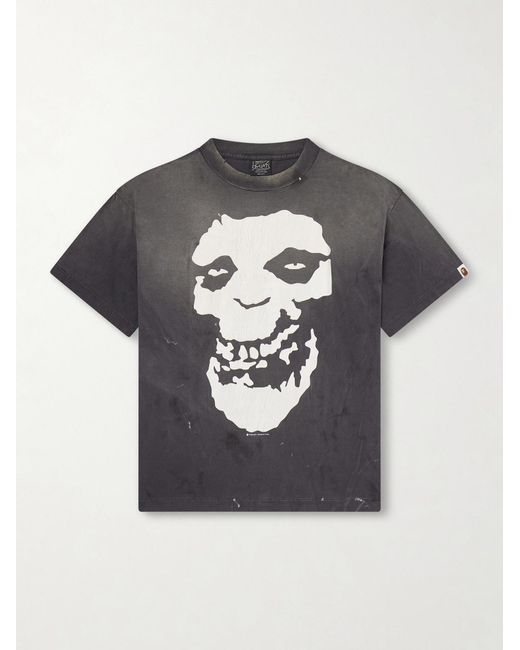 SAINT Mxxxxxx Gray Bape Distressed Printed Cotton-Jersey T-Shirt for men