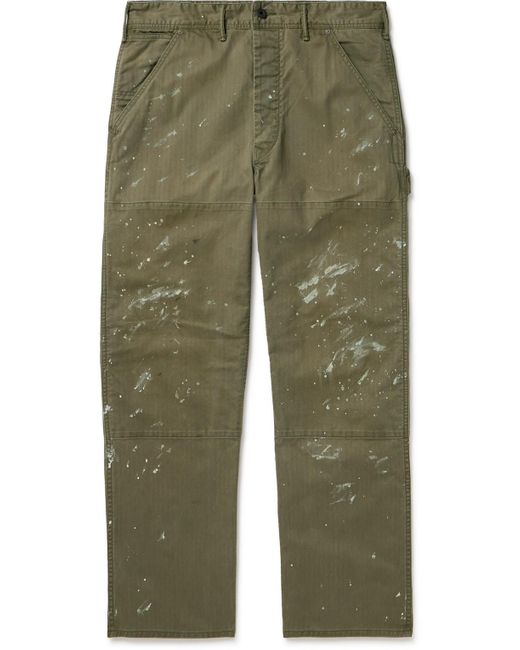 RRL Green Straight-leg Paint-splattered Herringbone Cotton-twill Trousers for men