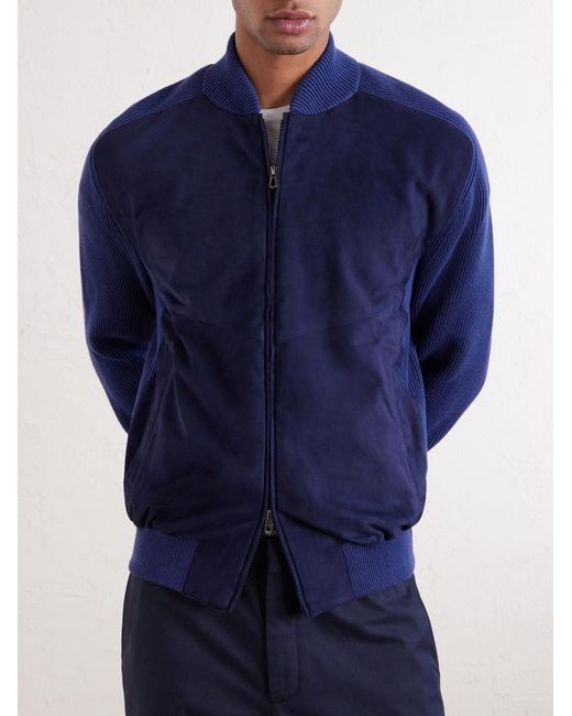 Sease Blue Suede And Ribbed Cotton And Cashmere-blend Bomber Jacket for men
