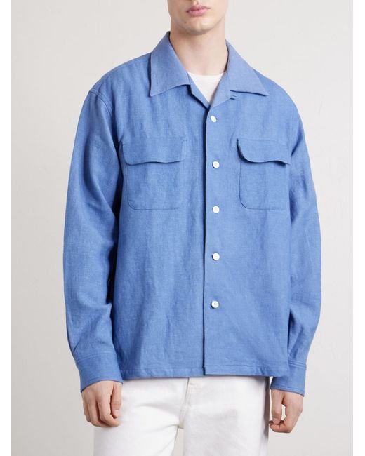 Carrow Convertible-Collar Wool And Linen-Blend Shirt di Visvim in Blue da Uomo