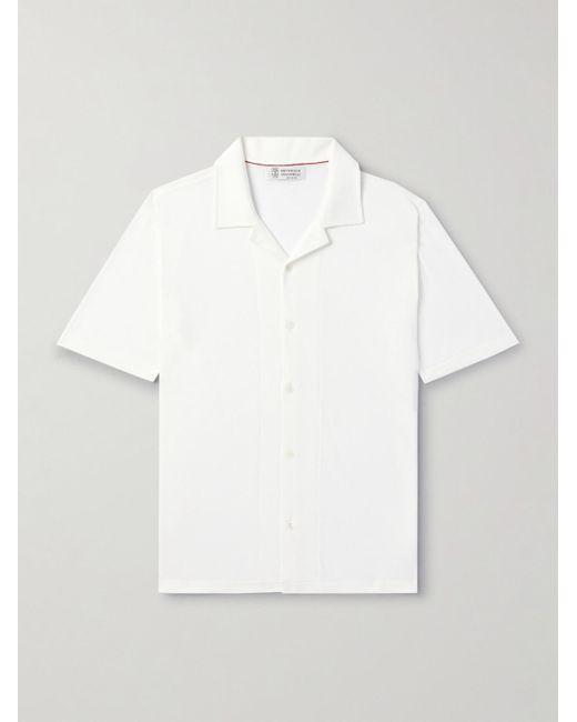 Brunello Cucinelli White Camp-collar Ribbed Cotton Shirt for men