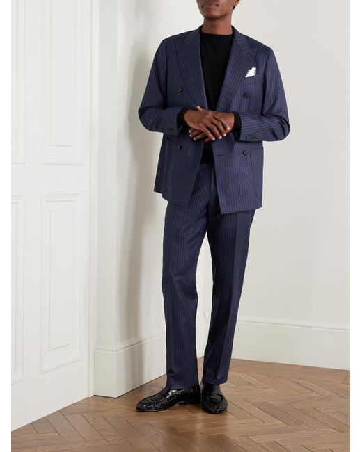 Caruso Blue Slim-Fit Pinstriped Wool Suit Trousers for men