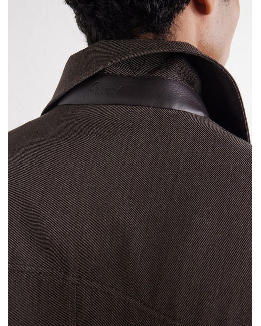 Brioni Gray Leather-Trimmed Wool-Twill Jacket for men