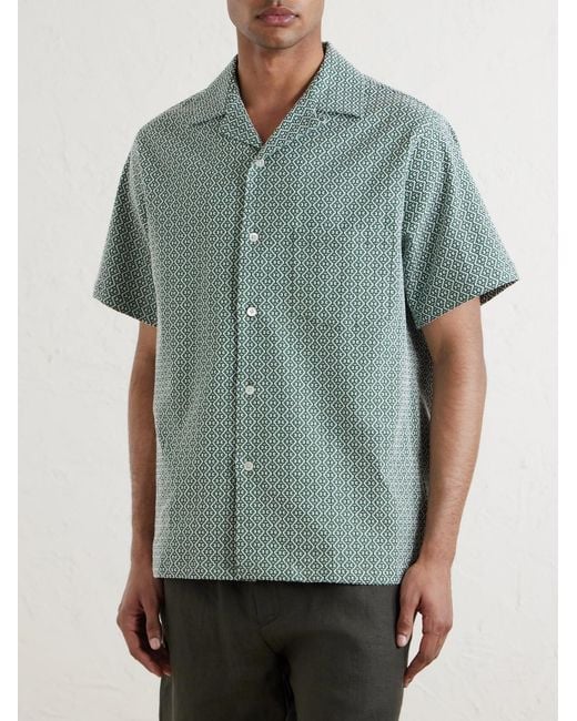 Portuguese Flannel Blue Portuguese Tile Camp-Collar Embroidered Cotton-Blend Shirt for men