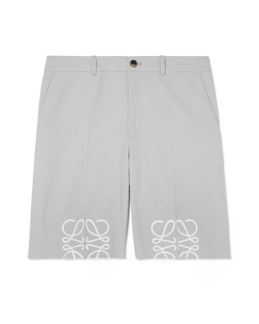 Loewe Gray Straight-Leg Logo-Print Distressed Cotton-Twill Shorts for men
