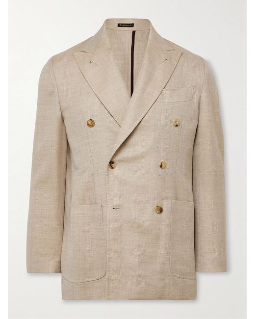 Rubinacci Natural Unstructured Double-Breasted Herringbone Virgin Wool, Silk And Linen-Blend Blazer for men