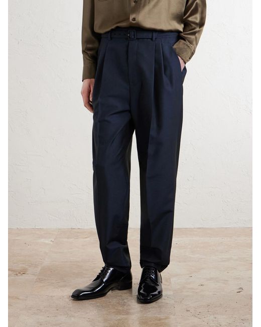 Saint Laurent Blue Tapered Pleated Wool And Mohair-blend Trousers for men