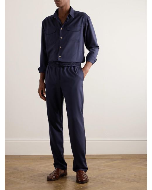 De Bonne Facture Blue Straight-leg Virgin Wool-blend Drawstring Trousers for men