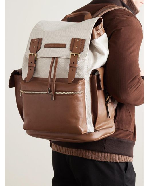 Brunello Cucinelli Brown Cotton And Linen-blend Twill And Leather Backpack for men