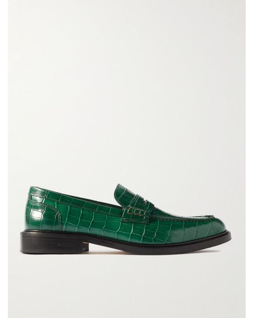VINNY'S Green Townee Croc-effect Leather Penny Loafers for men