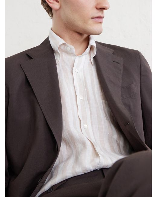 J. Mueser White Button-Down Collar Striped Linen Shirt for men