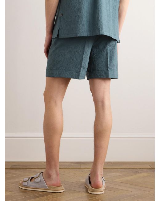 Brioni Blue Straight-leg Pleated Cotton-seersucker Shorts for men