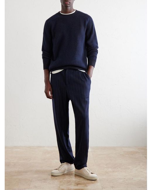 Sease Blue Tapered Pinstriped Wool-Blend Trousers for men