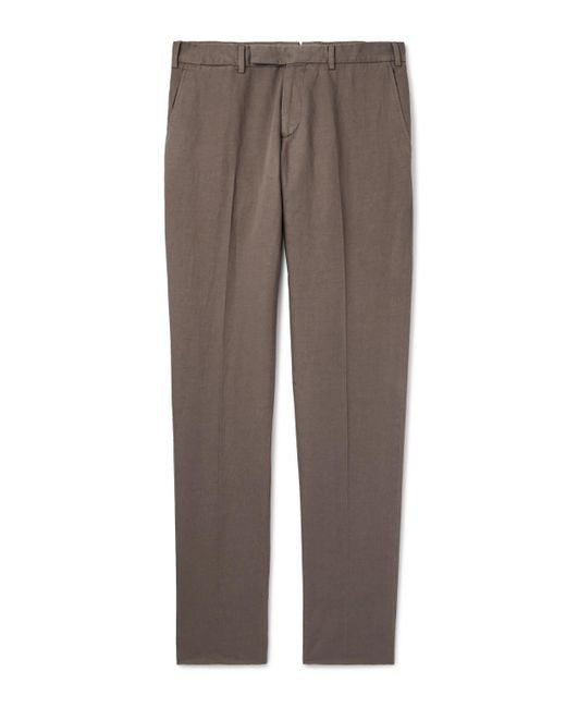 Zegna Brown Slim-fit Tapered Cotton And Linen-blend Twill Trousers for men