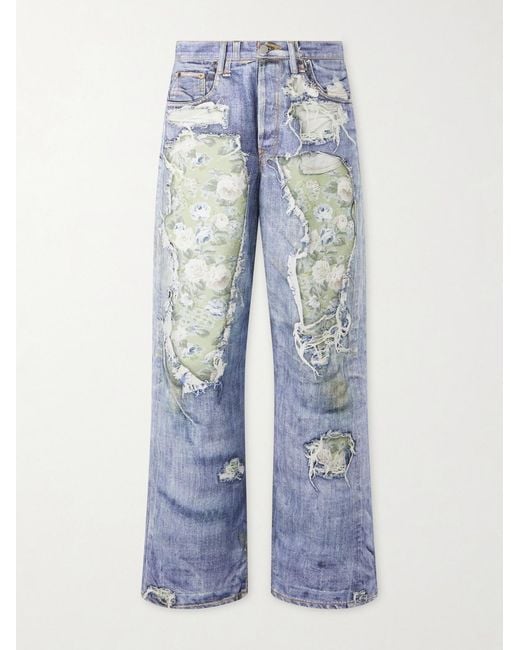 Acne Blue Wide-Leg And Rose-Printed Cotton Jeans for men