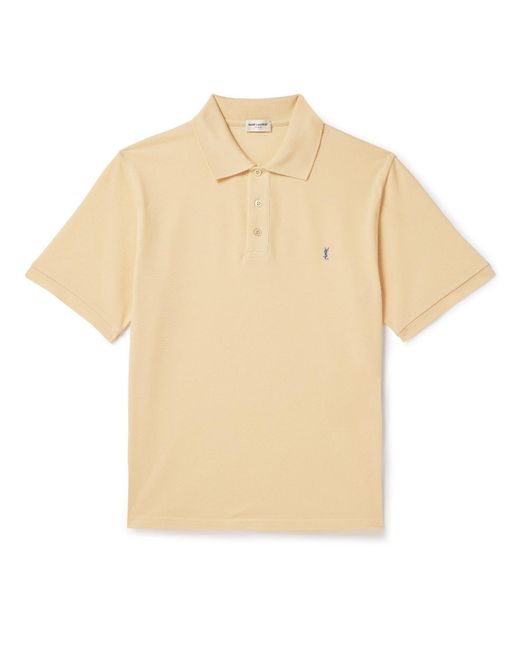 Saint Laurent Natural Logo-embroidered Cotton-blend Piqué Polo Shirt for men