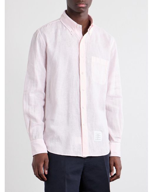 Thom Browne Pink Button-Down Collar Garment-Dyed Linen Shirt for men