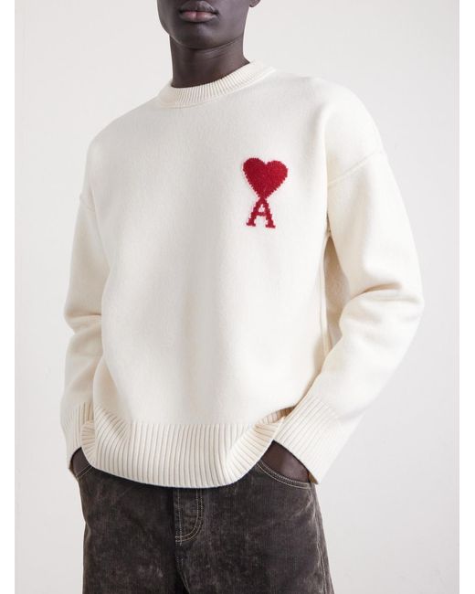 AMI Natural Logo-Intarsia Virgin Wool Sweater for men