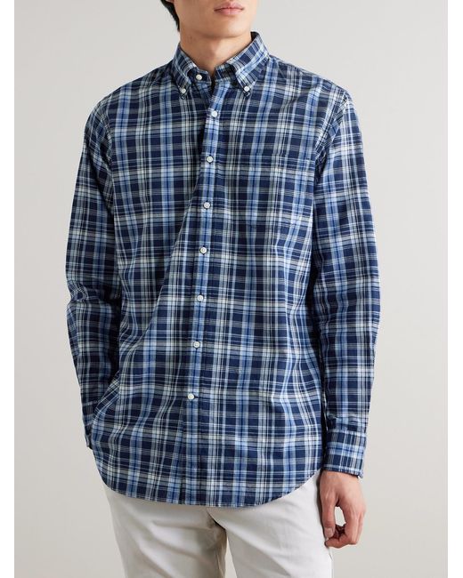 Sid Mashburn Blue Button-Down Collar Checked Cotton-Madras Shirt for men