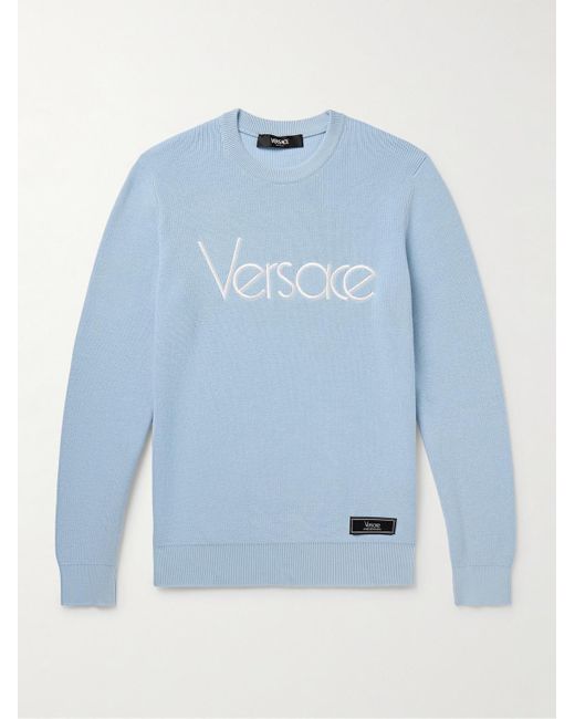 Versace Blue Logo-embroidered Cotton-blend Sweater for men