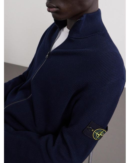 Stone Island Blue Ribbed-Knit Organic Cotton Zip-Up Cardigan for men