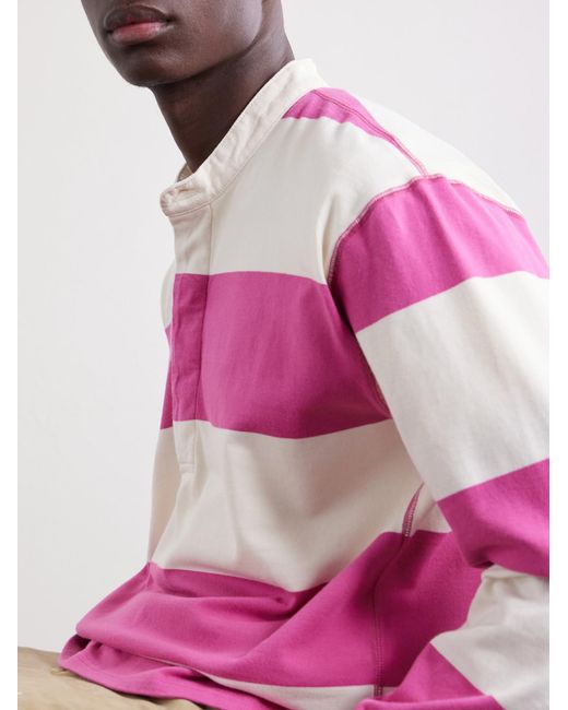 Drake's Pink Grandad-Collar Striped Cotton-Jersey Half-Placket Shirt for men