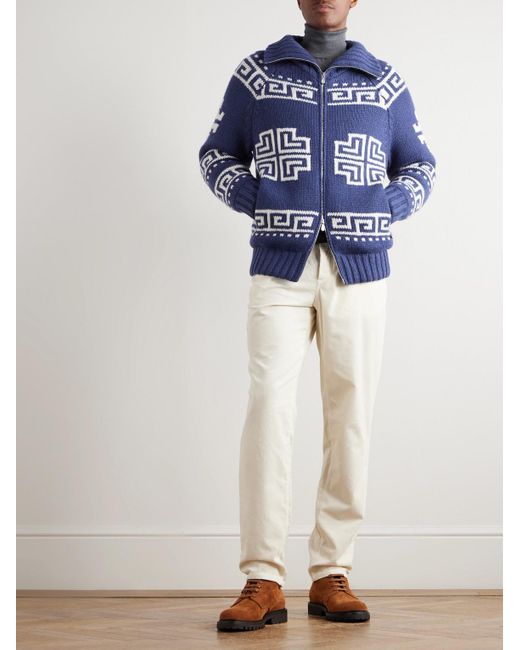 Brunello Cucinelli Blue Jacquard-Knit Cashmere Down Rollneck Cardigan for men