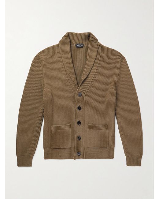 Tom Ford Green Shawl-Collar Ribbed Silk And Wool-Blend Cardigan for men