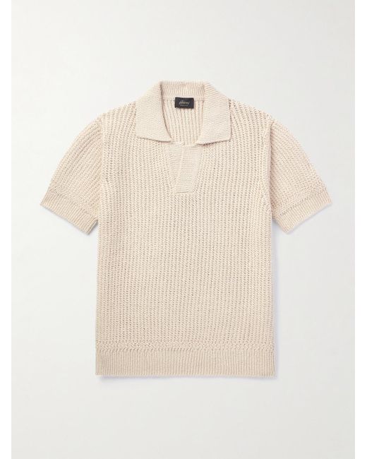 Brioni Natural Ribbed Cotton And Wool-blend Polo Shirt for men