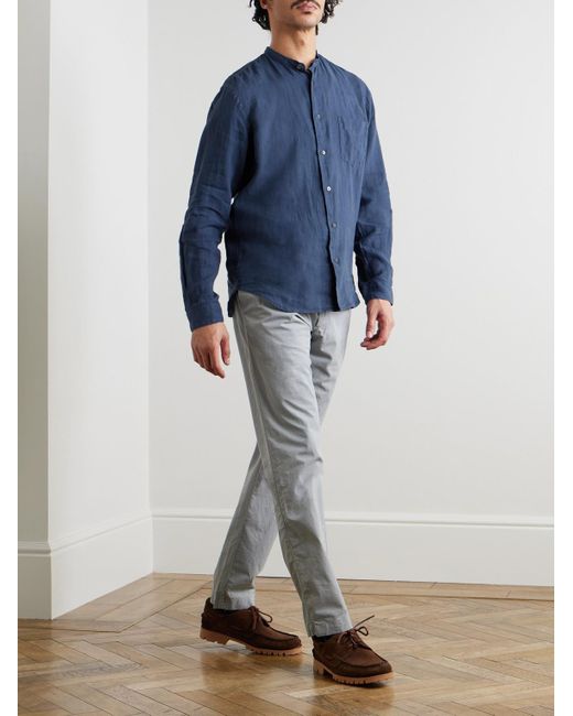 Hartford Blue Premium Pat Grandad-Collar Linen Shirt for men