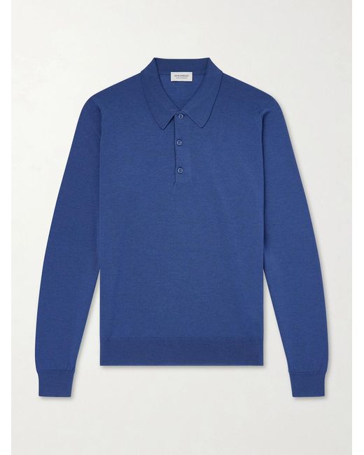 John Smedley Blue Caverhill Knitted Merino Wool Polo Shirt for men