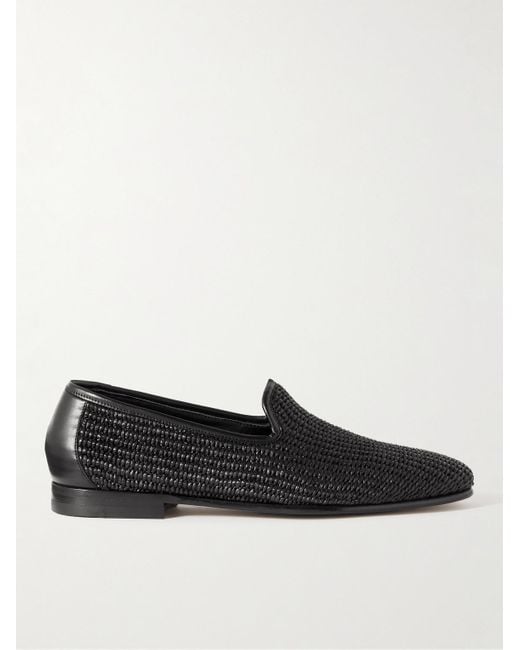 Manolo Blahnik Black Mario Leather-Trimmed Raffia Loafers for men