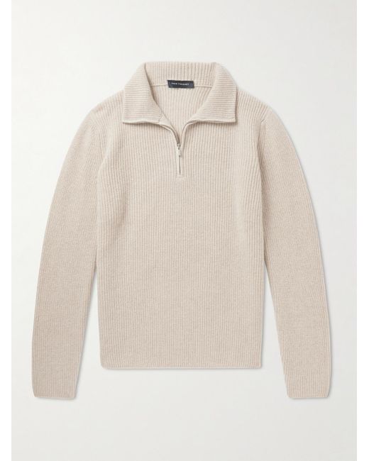 Thom Sweeney Natural Ribbed Merino Wool And Cashmere-blend Half-zip Sweater for men